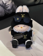 labubu is wearing a black lv sweater