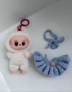 Labubu blue bow scarf crochet set