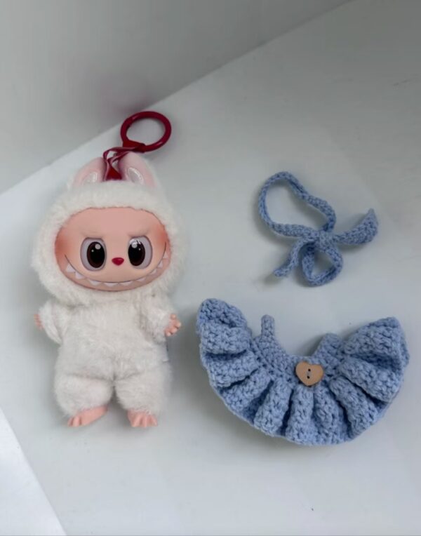 Labubu blue bow scarf crochet set