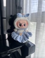 Labubu blue bow scarf crochet set