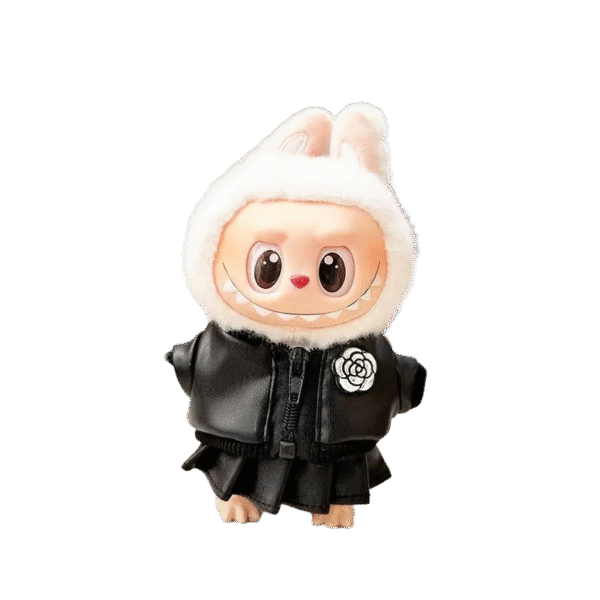 Labubu clothing - black leather coat, mountain tea flower suit