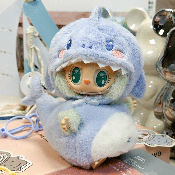 Labubu clothing blue fluffy shark onesie set