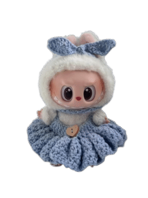 Labubu blue bow scarf crochet set