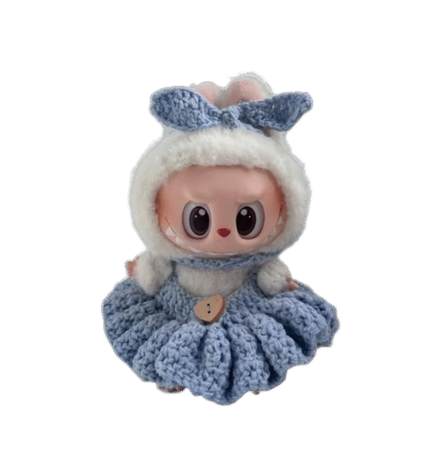 Labubu blue bow scarf crochet set