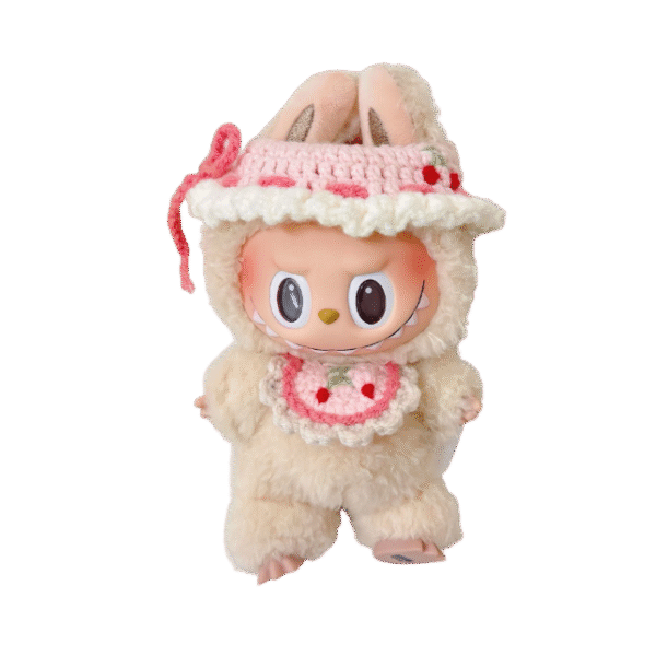 Labubu baby clothes - knitted pink hat, bib and set