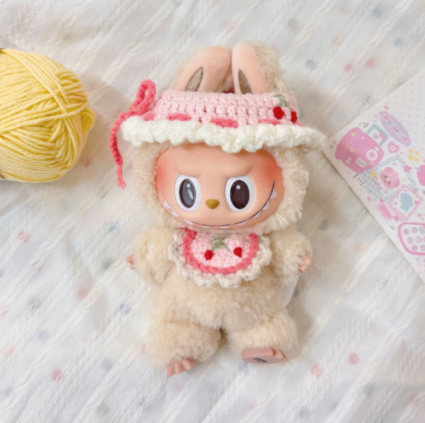 Labubu baby clothes - knitted pink hat, bib and set