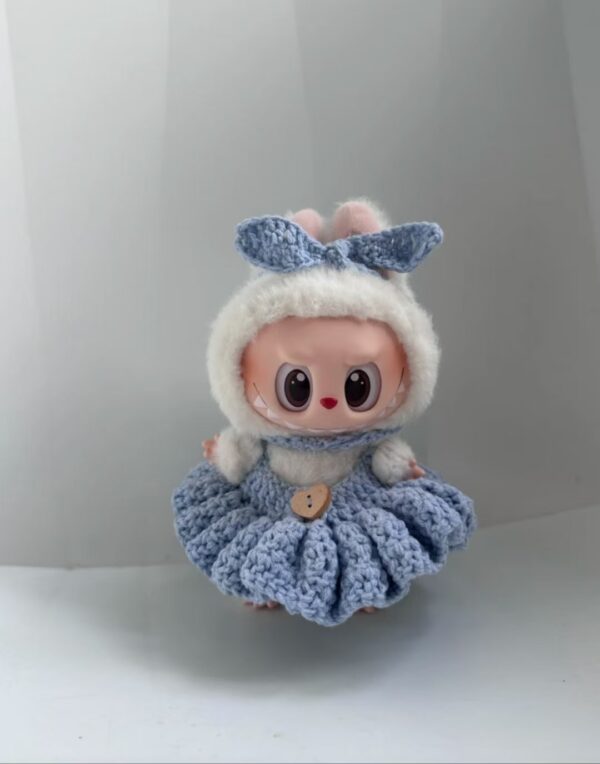 Labubu blue bow scarf crochet set