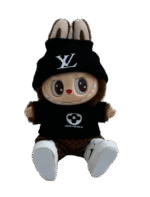 labubu is wearing a black lv sweater