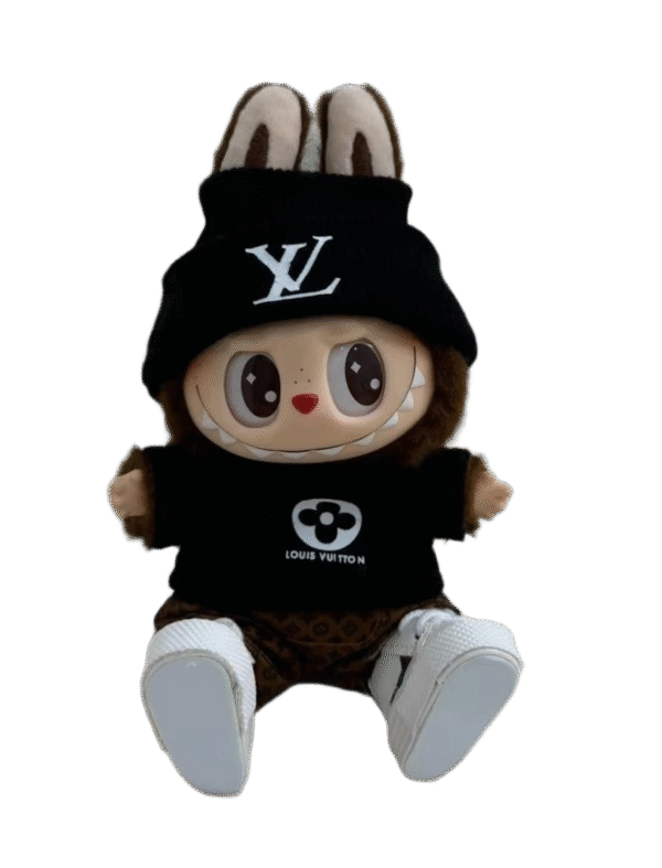 labubu is wearing a black lv sweater