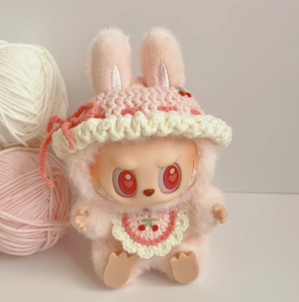 Labubu baby clothes - knitted pink hat, bib and set
