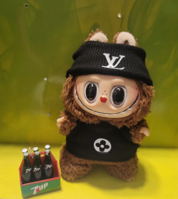 labubu is wearing a black lv sweater